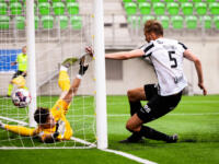 20230701 Lemonsoft Stadion Vaasa, FINLAND. VEIKKAUSLIIGA: VPS Vaasa - FC Inter Turku.
VPS #5 Mikko Pitkänen scoring on FC Inter #13 Eetu Huuhtanen.
Photo: Samppa Toivonen / APOLLO PHOTO