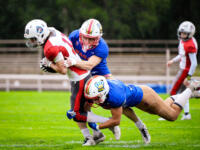 20230728 Vaasa, FINLAND. VAAHTERALIIGA: Wasa Royals - United Newland Crusaders Lohja.
Royals #6 Karim Limam & #2 Viktor Mänty tag-teaming Crusaders #12 Alfonso Messina.
Photo: Samppa Toivonen / APOLLO PHOTO