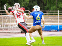 20230728 Vaasa, FINLAND. VAAHTERALIIGA: Wasa Royals - United Newland Crusaders Lohja.
Royals #6 Karim Limam defending against Crusaders #12 Alfonso Messina.
Photo: Samppa Toivonen / APOLLO PHOTO