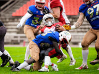 20230728 Vaasa, FINLAND. VAAHTERALIIGA: Wasa Royals - United Newland Crusaders Lohja.
Royals #56 Raul Khalifa hitting Crusaders #4 Seth Rowland.
Photo: Samppa Toivonen / APOLLO PHOTO