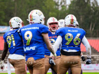 20230728 Vaasa, FINLAND. VAAHTERALIIGA: Wasa Royals - United Newland Crusaders Lohja.
Royals #90 Axel Arvila celebrating.
Photo: Samppa Toivonen / APOLLO PHOTO