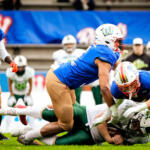 20230811 Vaasa, FINLAND. VAAHTERALIIGA: Wasa Royals - Seinäjoki Crocodiles.
Wasa Royals #6 Karim Limam & #7 Lamin Latikka down Seinäjoki Crocodiles #7 Eetu Mäki-Maunus.
Photo: Samppa Toivonen / APOLLO PHOTO