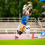 20230811 Vaasa, FINLAND. VAAHTERALIIGA: Wasa Royals - Seinäjoki Crocodiles.
Seinäjoki Crocodiles #83 Wiljami Koskela vs. Wasa Royals #8 Alpha Jalloh.
Photo: Samppa Toivonen / APOLLO PHOTO