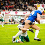 20230811 Vaasa, FINLAND. VAAHTERALIIGA: Wasa Royals - Seinäjoki Crocodiles.
Seinäjoki Crocodiles #44 Aatu Tuokko vs. Wasa Royals #84 Oskari Korkeamäki.
Photo: Samppa Toivonen / APOLLO PHOTO