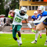 20230811 Vaasa, FINLAND. VAAHTERALIIGA: Wasa Royals - Seinäjoki Crocodiles.
Seinäjoki Crocodiles #25 Eric Irvin vs. Wasa Royals #6 Karim Limam.
Photo: Samppa Toivonen / APOLLO PHOTO