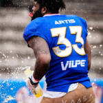 20230811 Vaasa, FINLAND. VAAHTERALIIGA: Wasa Royals - Seinäjoki Crocodiles.
Wasa Royals #33 Demarco Artis celebrates.
Photo: Samppa Toivonen / APOLLO PHOTO