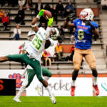 20230811 Vaasa, FINLAND. VAAHTERALIIGA: Wasa Royals - Seinäjoki Crocodiles.
Seinäjoki Crocodiles #25 Eric Irvin gets all in front of Wasa Royals #8 Alpha Jalloh.
Photo: Samppa Toivonen / APOLLO PHOTO