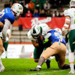 20230811 Vaasa, FINLAND. VAAHTERALIIGA: Wasa Royals - Seinäjoki Crocodiles.
Seinäjoki Crocodiles #1 Ville Ollonqvist vs Wasa Royals #56 Raul Khalifa.
Photo: Samppa Toivonen / APOLLO PHOTO