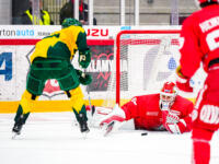 20230812 Vaasan Sähkö Areena Vaasa, FINLAND. LIIGA PRE-SEASON: Vaasan Sport - IF Björklöven Umeå.
Sport #60 Rasmus Reijola cannot break Björklöven #22 Fredric Weigel pass.
Photo: Samppa Toivonen / APOLLO PHOTO