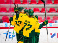 20230812 Vaasan Sähkö Areena Vaasa, FINLAND. LIIGA PRE-SEASON: Vaasan Sport - IF Björklöven Umeå.
Björklöven celebrating equalizer.
Photo: Samppa Toivonen / APOLLO PHOTO