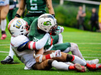 20230902 Seinäjoki, FINLAND. VAAHTERALIIGA: Seinäjoki Crocodiles - Wasa Royals.
Wasa Royals #20 Jose Penesumbu taking down Seinäjoki Crocodiles #20 Akseli Syrjänen.
Photo: Samppa Toivonen / APOLLO PHOTO
