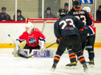 20231017 Uusikaarlepyy, FINLAND. SUOMI-SARJA: MuIK Hockey Munsala - Järvenpään Haukat.
MuIK #30 Patrik Koivisto making a save.
Photo: Samppa Toivonen / APOLLO PHOTO
