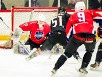 20231017 Uusikaarlepyy, FINLAND. SUOMI-SARJA: MuIK Hockey Munsala - Järvenpään Haukat.
Haukat #51 Leevi Leipijärvi going against MuIK #30 Patrik Koivisto.
Photo: Samppa Toivonen / APOLLO PHOTO