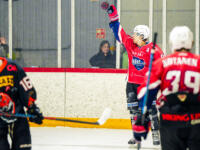 20231017 Uusikaarlepyy, FINLAND. SUOMI-SARJA: MuIK Hockey Munsala - Järvenpään Haukat.
MuIK #9 Casper Käld celebrating a goal.
Photo: Samppa Toivonen / APOLLO PHOTO