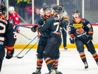 20231017 Uusikaarlepyy, FINLAND. SUOMI-SARJA: MuIK Hockey Munsala - Järvenpään Haukat.
Haukat celebrating a goal.
Photo: Samppa Toivonen / APOLLO PHOTO