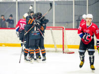 20231017 Uusikaarlepyy, FINLAND. SUOMI-SARJA: MuIK Hockey Munsala - Järvenpään Haukat.
Haukat celebrating a goal.
Photo: Samppa Toivonen / APOLLO PHOTO