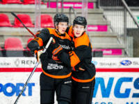 20231020 Vaasa, FINLAND. U20 SM-Sarja: Vaasan Sport - Kouvolan KooKoo.
KooKoo #34 Verneri Ahonen & #11 Rasmus Svartström celebrating a goal.
Photo: Samppa Toivonen / APOLLO PHOTO