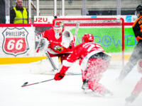 20231020 Vaasa, FINLAND. U20 SM-Sarja: Vaasan Sport - Kouvolan KooKoo.
Sport #35 Casimir Wekström making a save.
Photo: Samppa Toivonen / APOLLO PHOTO