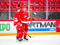 20231020 Vaasa, FINLAND. U20 SM-Sarja: Vaasan Sport - Kouvolan KooKoo.
Sport #28 Oskari Hult & #96 Bine Masic celebrating a goal.
Photo: Samppa Toivonen / APOLLO PHOTO