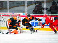 20231020 Vaasa, FINLAND. U20 SM-Sarja: Vaasan Sport - Kouvolan KooKoo.
Sport #98 Valtteri Haataja tryng to score on KooKoo #70 Stepan Vopravil.
Photo: Samppa Toivonen / APOLLO PHOTO