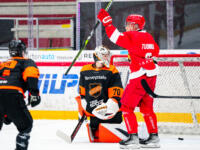 20231020 Vaasa, FINLAND. U20 SM-Sarja: Vaasan Sport - Kouvolan KooKoo.
Sport #6 Axel Törmänen celebrating goal against KooKoo #70 Stepan Vopravil.
Photo: Samppa Toivonen / APOLLO PHOTO
