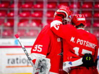 20231020 Vaasa, FINLAND. U20 SM-Sarja: Vaasan Sport - Kouvolan KooKoo.
Sport #35 Casimir Wekström & #17 Marek Potsinok after win.
Photo: Samppa Toivonen / APOLLO PHOTO