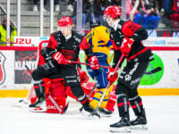 20231025 Vaasan Sähkö Areena Vaasa, FINLAND. LIIGA: Vaasan Sport - Rauman Lukko.
Sport #37 Atro Leppänen defending the net
Photo: Samppa Toivonen / APOLLO PHOTO