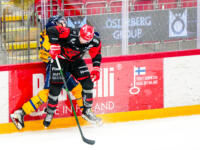 20231025 Vaasan Sähkö Areena Vaasa, FINLAND. LIIGA: Vaasan Sport - Rauman Lukko.
Sport #65 Zack Hayes hits Lukko #29 Oliver Suni
Photo: Samppa Toivonen / APOLLO PHOTO