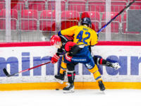 20231025 Vaasan Sähkö Areena Vaasa, FINLAND. LIIGA: Vaasan Sport - Rauman Lukko.
Lukko #42 Matthew Abt vs. Sport #37 Atro Leppänen
Photo: Samppa Toivonen / APOLLO PHOTO