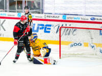 20231025 Vaasan Sähkö Areena Vaasa, FINLAND. LIIGA: Vaasan Sport - Rauman Lukko.
Sport scores on Lukko #34 Samuel Harvey.
Photo: Samppa Toivonen / APOLLO PHOTO