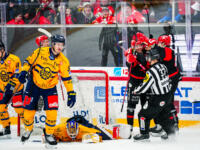 20231025 Vaasan Sähkö Areena Vaasa, FINLAND. LIIGA: Vaasan Sport - Rauman Lukko.
Sport celebrates 4th goal.
Photo: Samppa Toivonen / APOLLO PHOTO