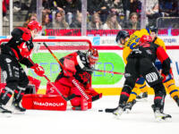 20231025 Vaasan Sähkö Areena Vaasa, FINLAND. LIIGA: Vaasan Sport - Rauman Lukko.
Traffic at Sport #95 Miroslav Svoboda goal.
Photo: Samppa Toivonen / APOLLO PHOTO