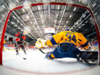 20231025 Vaasan Sähkö Areena Vaasa, FINLAND. LIIGA: Vaasan Sport - Rauman Lukko.
Sport #11 Simon Hjalmarsson scoring on Lukko #34 Samuel Harvey
Photo: Samppa Toivonen / APOLLO PHOTO