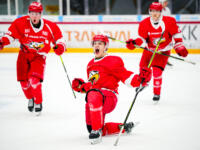 20231027 Vaasa, FINLAND. U20 SM-Sarja: Vaasan Sport - Helsingin Jokerit.
Game-winning goal scorer Sport #12 Erik Potsinuk.
Photo: Samppa Toivonen / APOLLO PHOTO
