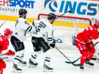 20231117 Vaasan Sähkö Areena Vaasa, FINLAND. LIIGA: Vaasan Sport - TPS Turku.
Sport #4 Teemu Suhonen hits one in TPS goal.
Photo: Samppa Toivonen / APOLLO PHOTO