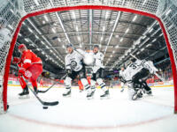 20231117 Vaasan Sähkö Areena Vaasa, FINLAND. LIIGA: Vaasan Sport - TPS Turku.
Sport #21 Miro Nalli hits one freely in TPS net.
Photo: Samppa Toivonen / APOLLO PHOTO