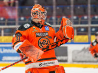 20231118 Hämeenlinna, FINLAND. LIIGA: HPK Hämeenlinna - Vaasan Sport.
Juho Markkanen #31, HPK pats his glove with his stick blade during warm-up.
Photo: Mika Kylmäniemi / APOLLO PHOTO
