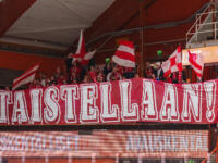 20231118 Hämeenlinna, FINLAND. LIIGA: HPK Hämeenlinna - Vaasan Sport.
Sport fans display a tifo prior to game start.
Photo: Mika Kylmäniemi / APOLLO PHOTO