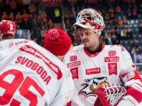 20231118 Hämeenlinna, FINLAND. LIIGA: HPK Hämeenlinna - Vaasan Sport.
Miroslav Svoboda #95 and Rasmus Reijola #60, Sport chat during a commercial break.
Photo: Mika Kylmäniemi / APOLLO PHOTO