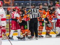 20231118 Hämeenlinna, FINLAND. LIIGA: HPK Hämeenlinna - Vaasan Sport.
Lari Heikkinen #63, Sport and Petteri Nikkilä #74, HPK brawl a bit after a play stoppage, in front of the HPK net.
Photo: Mika Kylmäniemi / APOLLO PHOTO