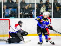 20231216 Maalahti, FINLAND. II DIVISIOONA: Malax IF - Hela-Kiekko Kauhava.
Malax IF #37 Joachim Ahrner deflecting the puck in front of He-Ki #94 Ilari Uusimäki.
Photo: Samppa Toivonen / APOLLO PHOTO