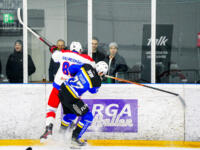 20231216 Maalahti, FINLAND. II DIVISIOONA: Malax IF - Hela-Kiekko Kauhava.
Malax IF #77 Joel Nygård hits He-Ki #88 Jani Halmesmäki.
Photo: Samppa Toivonen / APOLLO PHOTO