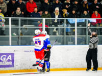 20231216 Maalahti, FINLAND. II DIVISIOONA: Malax IF - Hela-Kiekko Kauhava.
He-Ki #97 Tuukka Kallio, Malax IF #37 Joachim Ahrner and ref Niko Sylander.
Photo: Samppa Toivonen / APOLLO PHOTO