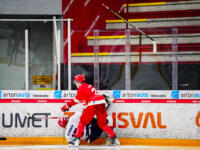 20240105 Vaasa, FINLAND. U20 SM-Sarja: Vaasan Sport - Helsingin IFK.
Sport #22 Iiro Karppinen taklaa HIFK #15 Aatu Heinänen.
Photo: Samppa Toivonen / APOLLO PHOTO