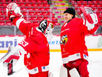 20240106 Vaasa, FINLAND. U20 SM-Sarja: Vaasan Sport - TPS Turku.
Sport #53 Masi Härkönen & #35 Casimir Wekström after win.
Photo: Samppa Toivonen / APOLLO PHOTO