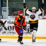 20250226 Kruunupyy, FINLAND. II DIVISIOONA: IK Kronan Kruunupyy - Malax IF.
Malax IF #19 Valter Lindqvist celebrates next to IK Kronan #32 Joonas Pääjärvi.
Photo: Samppa Toivonen / APOLLO PHOTO