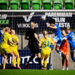 20250712 Vaasa, FINLAND. KANSALLINEN LIIGA: IFK Vaasa - HJK Helsinki.
VIFK #4 YoonJu Kim scoring 1-0 with a header.
Photo: Samppa Toivonen / APOLLO PHOTO