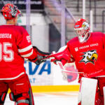 20250807 Vaasan Sähkö Areena Vaasa, FINLAND. LIIGA PRE-SEASON: Vaasan Sport - Oulun Kärpät.
Vaasan Sport #95 Miroslav Svoboda & #1 Masi Härkönen
Photo: Samppa Toivonen / APOLLO PHOTO