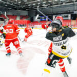 20250807 Vaasan Sähkö Areena Vaasa, FINLAND. LIIGA PRE-SEASON: Vaasan Sport - Oulun Kärpät.
Vaasan Sport #86 Philip Granath hits Oulun Kärpät #4 Veeti Ruotsalainen
Photo: Samppa Toivonen / APOLLO PHOTO