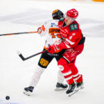 20250927 Vaasan Sähkö Areena Vaasa, FINLAND. LIIGA: Vaasan Sport - Kouvolan KooKoo.
Kouvolan KooKoo #43 Kalle Loponen hits Vaasan Sport #4 Miika Tiihonen
Photo: Samppa Toivonen / APOLLO PHOTO